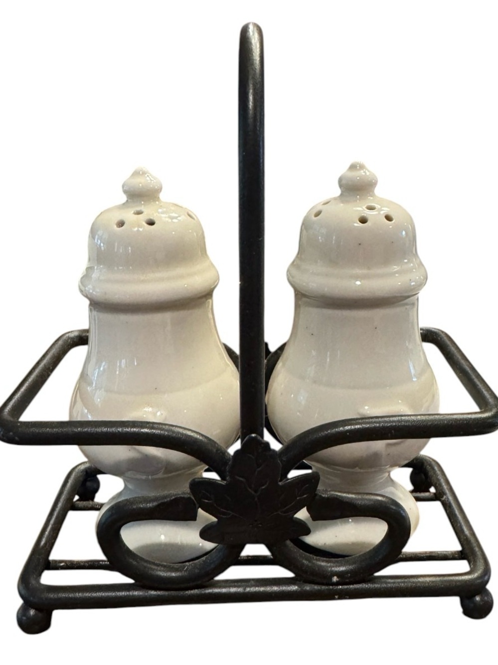 Longaberger Ceramic White Salt and Pepper Shaker Set with Black Caddy